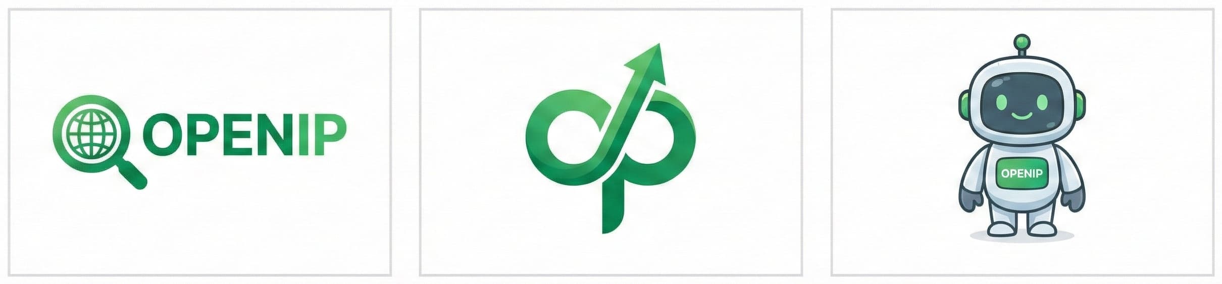 로고 포함 예시: OPENIP 도형과 문자, 도형 심볼, 로봇 캐릭터